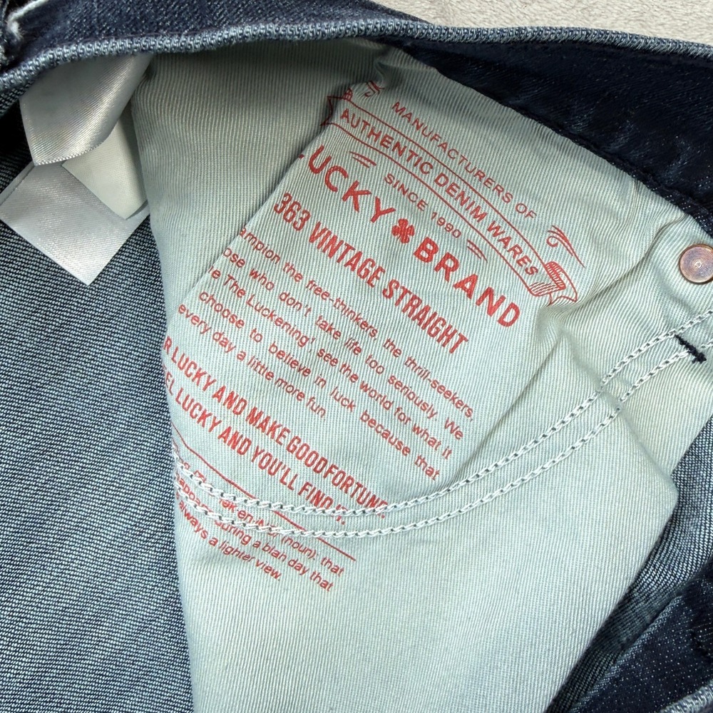 Lucky Brand 363 Vintage Straight Jeans Mens 34x32 Blue Dark Wash Denim Whiskered - Picture 10 of 13